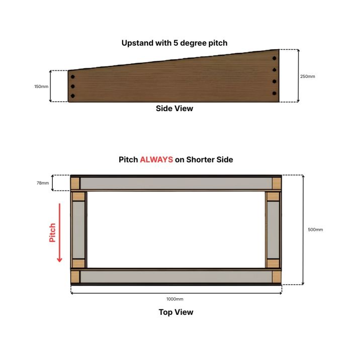 Technical drawing showing side and top views of the fixed rooflight frame