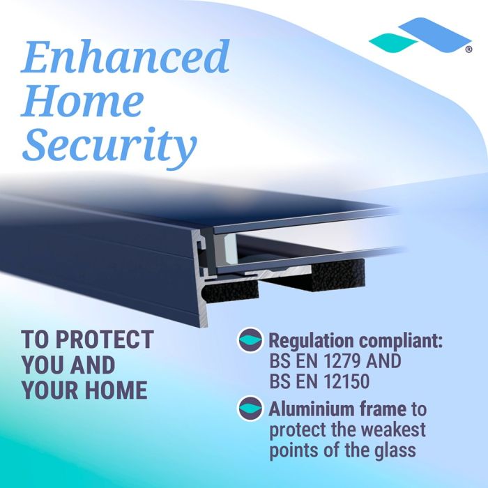 Enhanced home security feature graphic for the Skyseal fixed rooflight, showing regulatory compliance