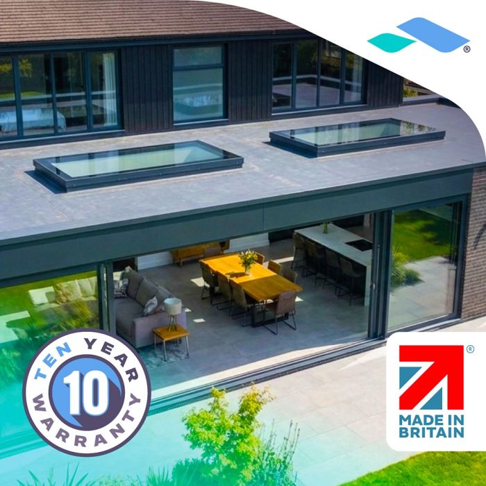 Skyseal flat roof skylight above a patio extension