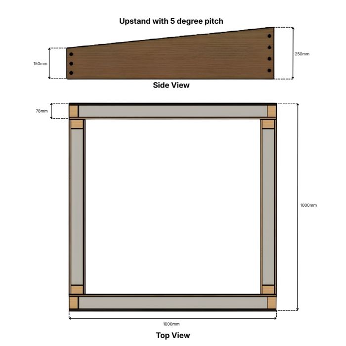 Technical drawing showing top and bottom views of the fixed rooflight frame